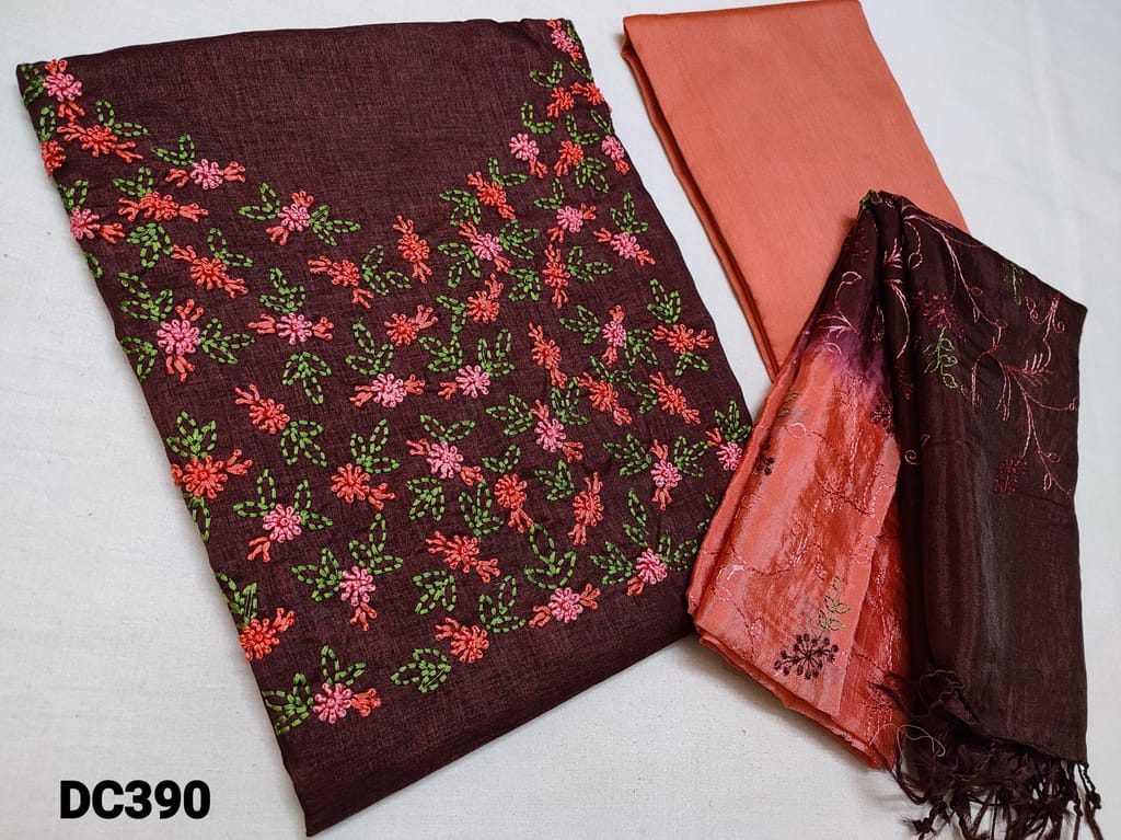 CODE DC390 : Designer Maroon Silk Cotton unstitched Salwar material(Thin and Coarse fabric requires lining) with heavy thread work on yoke, Silk Cotton bottom, Soft Silk dupatta with thread embroidery work and tassels