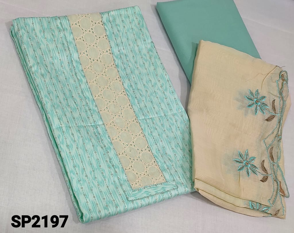 CODE SP2197 : Printed Pastel Blue Satin Cotton unstitched Salwar material(Requires lining) with cut work on yoke, matching cotton bottom, zari and thread embroidery work on soft silk cotton dupatta with cut work edges.