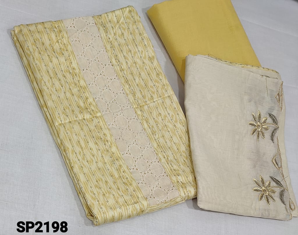 CODE SP2198: Printed Pastel Yellow Satin Cotton unstitched Salwar material(Requires lining) with cut work on yoke, matching cotton bottom, zari and thread embroidery work on soft silk cotton dupatta with cut work edges.