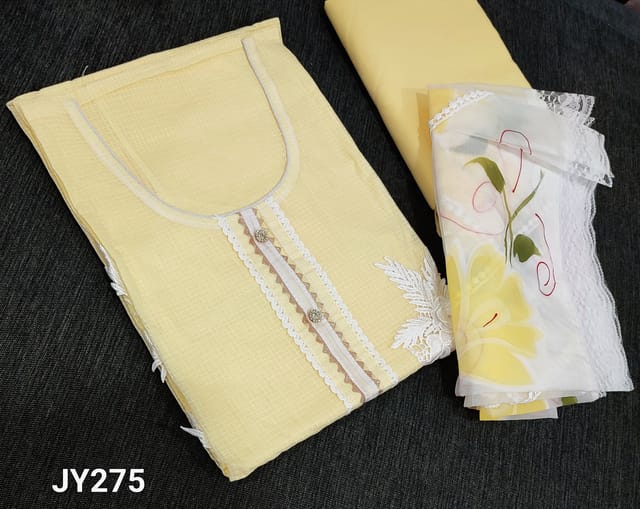 CODE JY275 : Yellow Fancy kota Silk Cotton Unstitched Salwar material(requires lining) thread embroidery and fancy buttons on yoke, matching Cotton Bottom, Brush paint work on organza dupatta with lace tapings