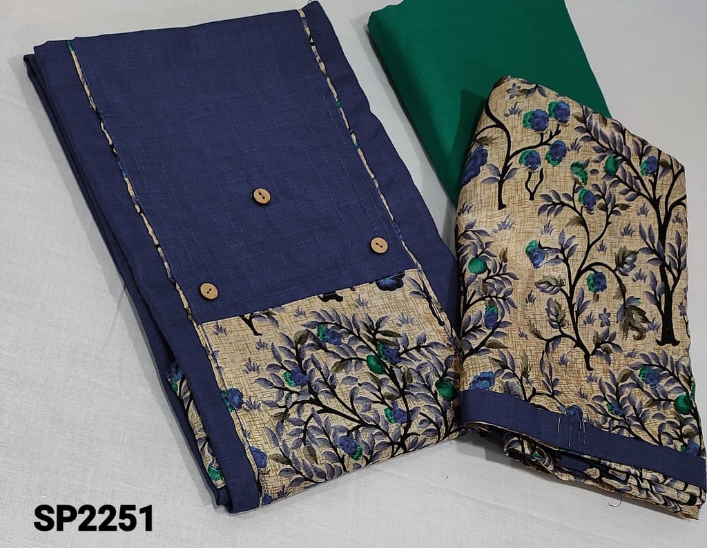 CODE SP2251: ink Blue Fancy soft Spun Silk Cotton Unstitched Salwar material( lining Optional) with art silk patch work on yoke, daman patch, turquoise green cotton bottom, Printed art silk dupatta with taping