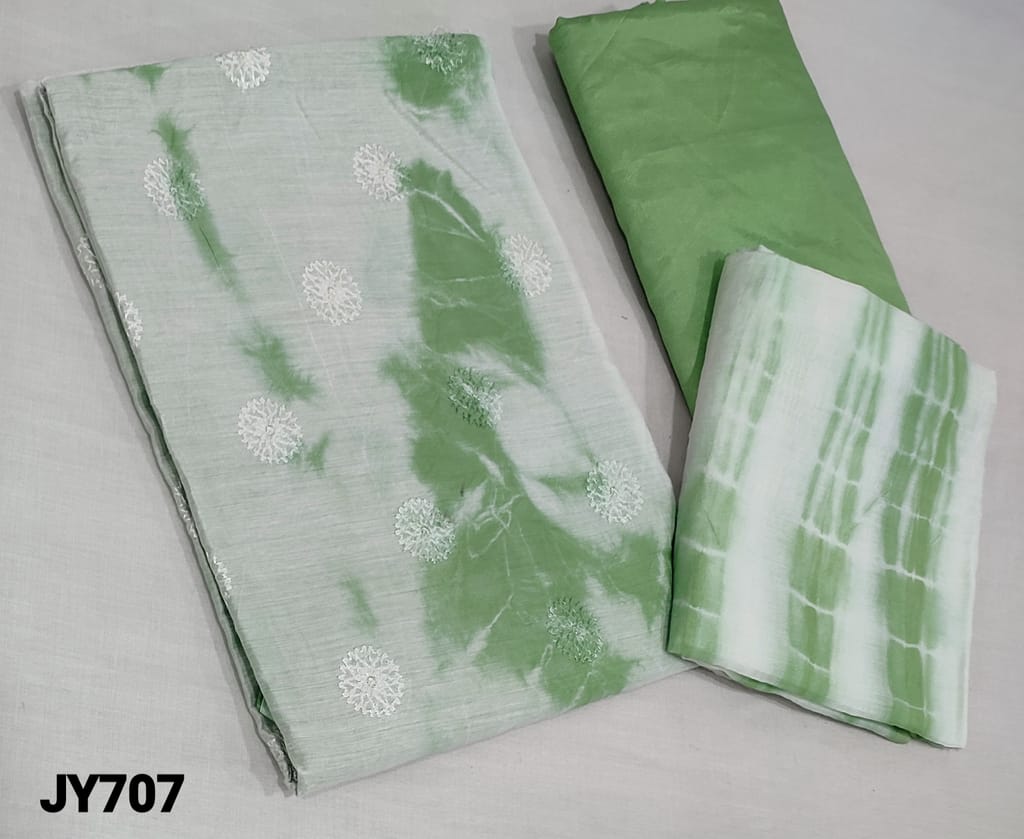 CODE JY707: Shibori dyed Green Silk Cotton unstitched Salwar material( lining required) with thread and sequence work on frontside, green silky bottom, shibori dyed fancy silk cotton dupatta.