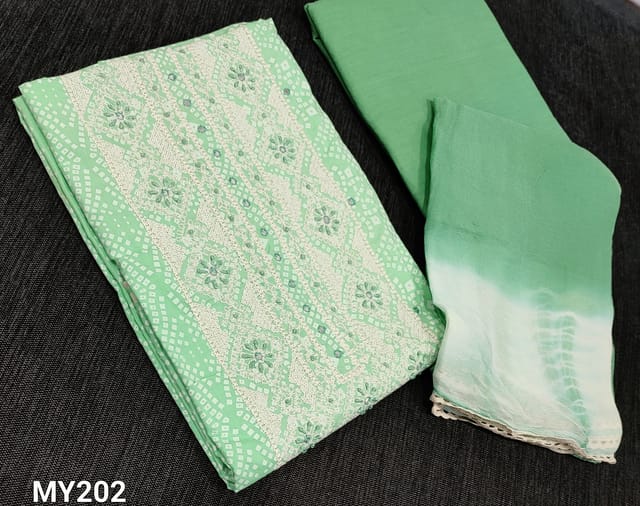 CODE MY202: Printed Pastel Green soft Cotton unstitched Salwar material( lining required) with thread and faux mirror work on yoke, matching cotton bottom, dual shaded premium chiffon dupatta with lace tapings.