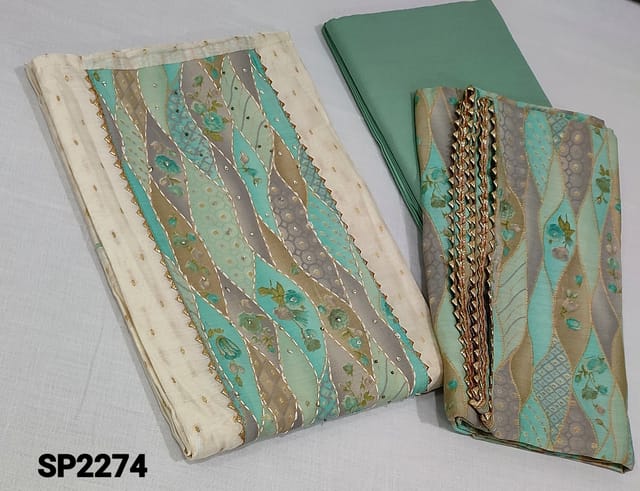 CODE SP2274: Designer Ivory premium silk cotton unstitched salwar material(requires lining), small zari woven buttas all over printed yoke with kantha stitch and sequence, Pastel Blue cotton bottom, Digital printed soft silk cotton dupatta with gota tapings