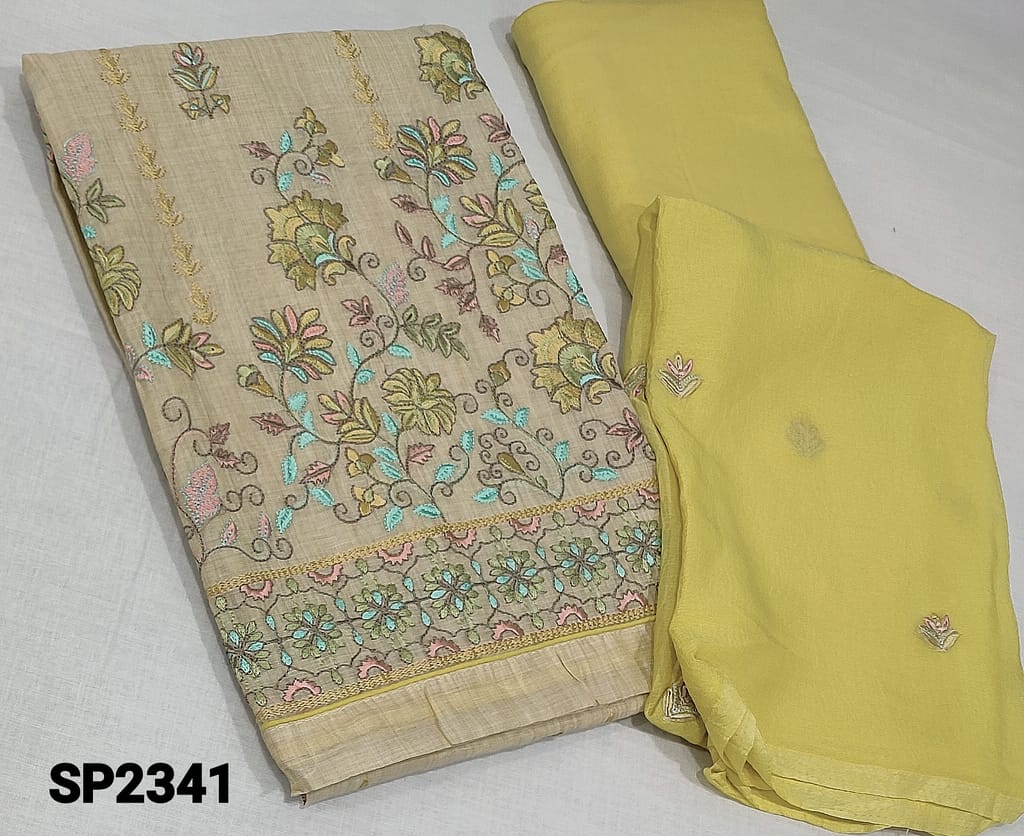 CODE SP2341: Beige fancy Silk Cotton unstitched Salwar material(requires lining) with heavy colorful thred work on front side, rich embroidery work on daman, plain back, Soft and thin pastel yellow Cotton bottom, embroidery work on chiffon dupatta with tapings