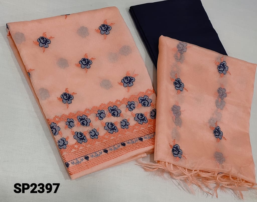 CODE SP2397: Peachish Pink Organza unstitched salwar material(thin fabric lining included) with cross stitch embroidery work with daman, navy blue silk cotton bottom, organza dupatta with cross stitch embroidery
