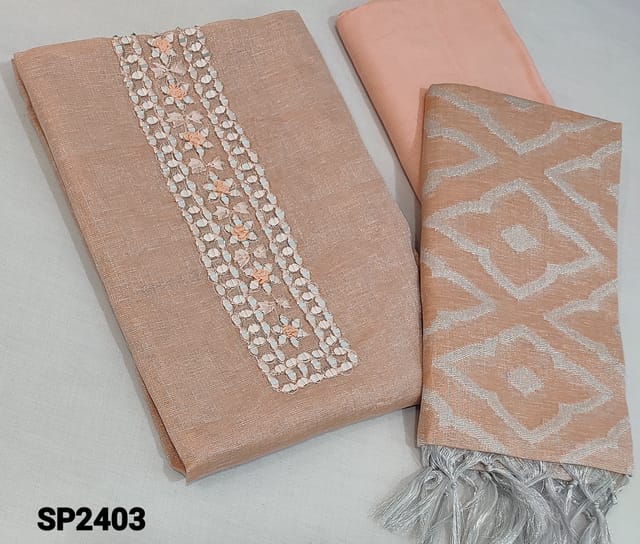 CODE SP2403:  Designer Pastel Peach and silver tint Tissue Silk Cotton unstitched Salwar materials(requires lining) with real mirror and thread work on yoke, matching santoon bottom, silver benaras weaving tissue silk cotton dupatta with tassels.