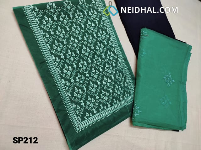 CODE SP212 : Green and Navy Blue Organza Unstitched Salwar material(thin fabric requires lining) Heavy thread work on yoke and Ombre pattern, Blue Santoon bottom, Ombre pattern Organza dupatta with embroidery work