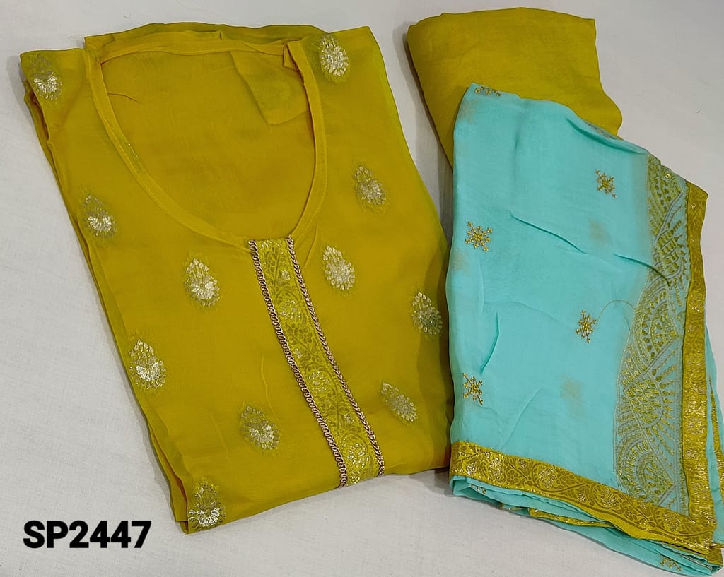 CODE SP2447 : Designer Fenugreek Yellow pure Organza unstitched Salwar material(requires lining) with antique zari woven buttas on frontside, round neck, simple brocade yoke, matching santoon bottom,  embroidery and sequence work on premium blue organza dupatta with brocade tapings.