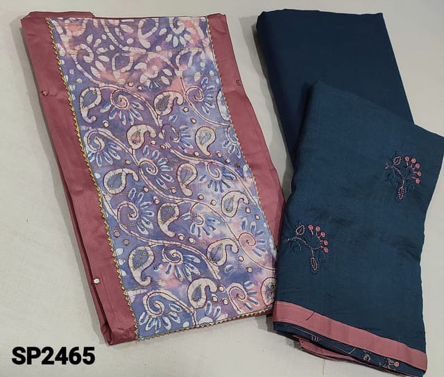 CODE SP2465: Premium Pink Jam Cotton unstitched Salwar material(lining optional) with batik patch, faux mirror, thread and zari lines work on yoke, teal blue cotton bottom, embroidery work on silk cotton dupatta with tapings.