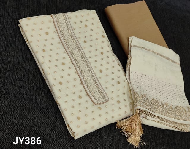 CODE JY386 : Designer Ivory Silk Cotton unstitched Salwar material(requires lining) with zari woven design on frontside, plain back, beige silk cotton bottom, zari weaving soft silk cotton dupatta with tassels