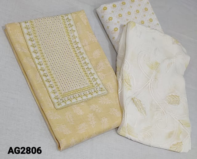 CODE AG2806: Pastel Yellow Jakard Spun Silk Cotton unstitched Salwar material(lining optional) with embroidery and sequence work on yoke, printed cotton bottom, Embroidery and brush paint work on chiffon dupatta with lace work.