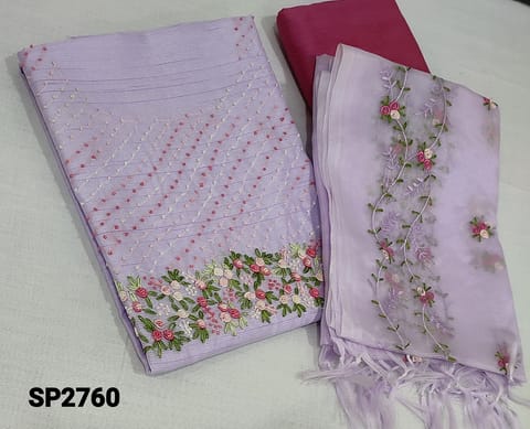 CODE SP2760: Designer Lavender fancy Silk Cotton unstitched Salwar material(requires lining) with embroidery and french knot work on yoke, pink silk cotton or cotton bottom, embroidery work on organza dupatta with tassels.