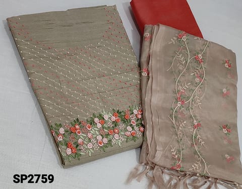CODE SP2759: Designer Beige fancy Silk Cotton unstitched Salwar material(requires lining) with embroidery and french knot work on yoke, peach silk cotton or cotton bottom, embroidery work on organza dupatta with tassels.
