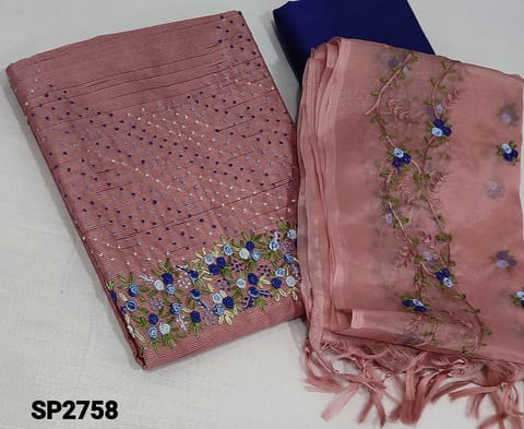 CODE SP2758: Designer Pink fancy Silk Cotton unstitched Salwar material(requires lining) with embroidery and french knot work on yoke, blue silk cotton or cotton bottom, embroidery work on organza dupatta with tassels.