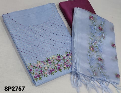 CODE SP2757: Designer Pastel Blue fancy Silk Cotton unstitched Salwar material(requires lining) with embroidery and french knot work on yoke, purple silk cotton or cotton bottom, embroidery work on organza dupatta with tassels.