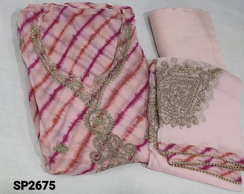CODE SP2675: Designer shibori dyed Pink pure Organza unstitched Salwar material(requires lining) with sequence and zari embroidery work on yoke, small embroidery work on frontside, matching santoon bottom,  zari embroidery work on organza dupatta with tapings.