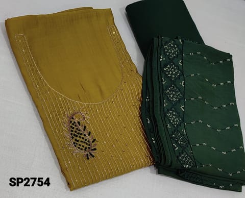 CODE SP2754: Premium Mehandhi Green Fancy Silk Cotton unstitched Salwar material(requires lining) with zari thread, sequence and french knot work on yoke,  green thin soft cotton bottom, thread and sequence work on silk cotton dupatta with tapings.