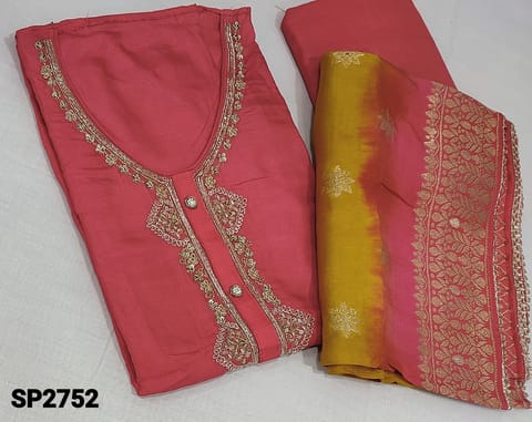 CODE SP2752: Designer Pink fancy Dola Silk unstitched Salwar material(requires lining) with zari , sequence and zardozi work on yoke, round neck, matching santoon bottom, zari weaving buttas on dual shaded dola silk dupatta with gota lace tapings.