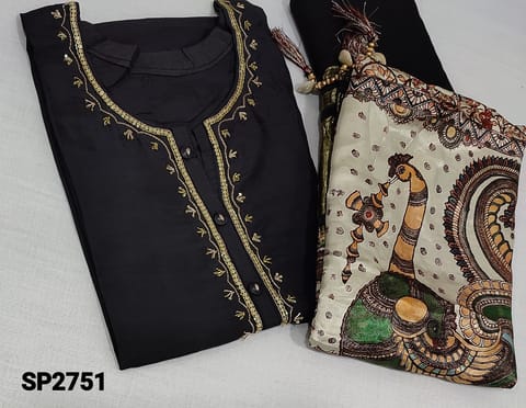 CODE SP2751: Designer Black Masleen Silk semi stitched Salwar material(requires lining) with sequence and zardozi work on yoke, 3/4 sleeves, thread and sequence, peacock printed patch work on backside, matching santoon bottom,  Printed Gaji Silk Dupatta