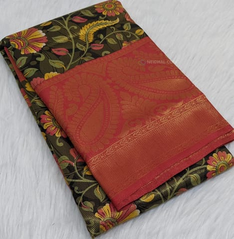 CODE:WS82 Black base colorful kalamkari printed ( floral)  soft brocade saree with antique zari weaving pattern all-over ,contrast red zari woven double side border (9 inches), antique gold zari woven pallu and gold zari woven running blouse