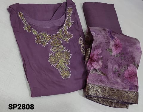 CODE SP2808: Designer Purple Dola Silk semi stitched Salwar materials(lining needed) with heavy zari woven embroidery, thread and sequence work on yoke, plain back, round neck, embroidery, thread and sequence work on daman, 3/4 sleeves,   matching santoon bottom, digital floral printed organza dupatta with brocade tapings.(can fit up to XL size)