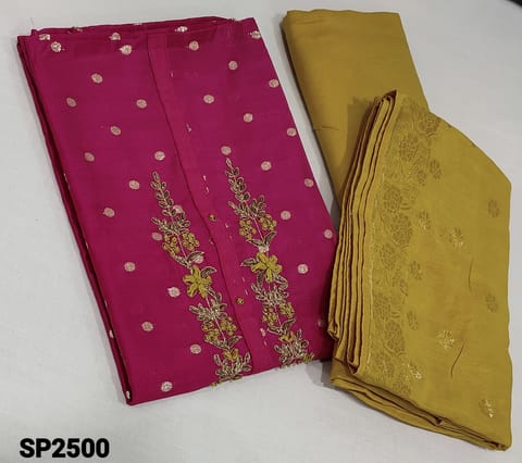CODE SP2500: Premium Pink soft Silk Cotton unstitched Salwar material(requires lining) with embroidery, french knot, zardozi work on yoke, zari woven buttas on frontside, Mehandhi yellow soft cotton bottom, antique zari woven buttas on dola silk dupatta