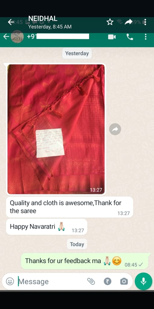 Neidhal Sarees : Quality and cloth is awesome, Thanks for the saree. -Reviewed on 5th OCT 2022
