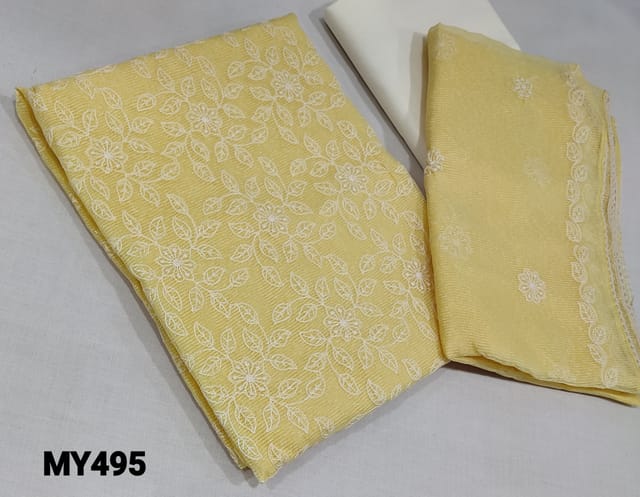 CODE MY495 : Pastel Yellow Noil fabric unstitched Salwar material( Netted faric, Requires lining) with thread embroidery work on frontside, half white cotton bottom, embroidery work on  noil fabric(netted fabric) dupatta with lace tapings.