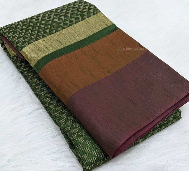 CODE WS308 :Dark Green fancy brocade silk cotton saree with dual color border, contrast honey brown pallu, contrast running brocade blouse