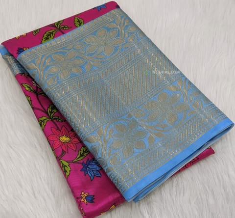 CODE:WS260 :  Bright pink colorful floral printed paper silk saree ,contrast  blue zari woven  border,digital printed pallu and digital printed blouse with borders.