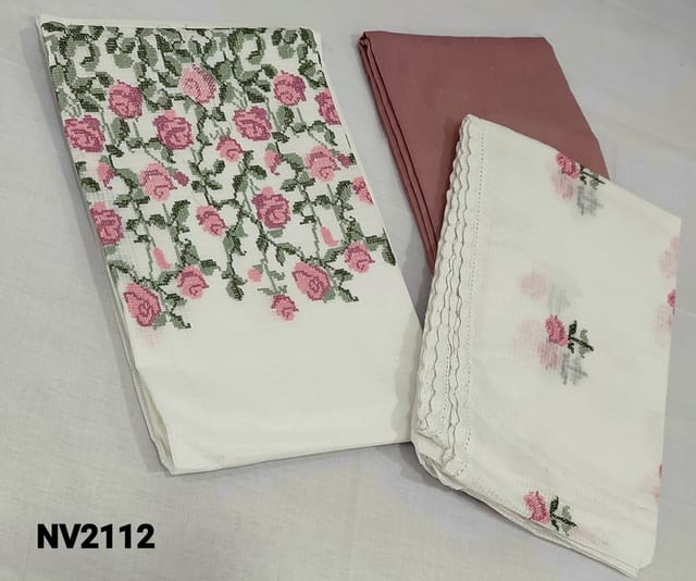 CODE NV2112: Premium Half White Kota Silk Cotton unstitched salwar material(requires lining) with floral embroidery work on daman, pastel pink silk cotton bottom, embroidery work on kota silk cotton dupatta with lace tapings.