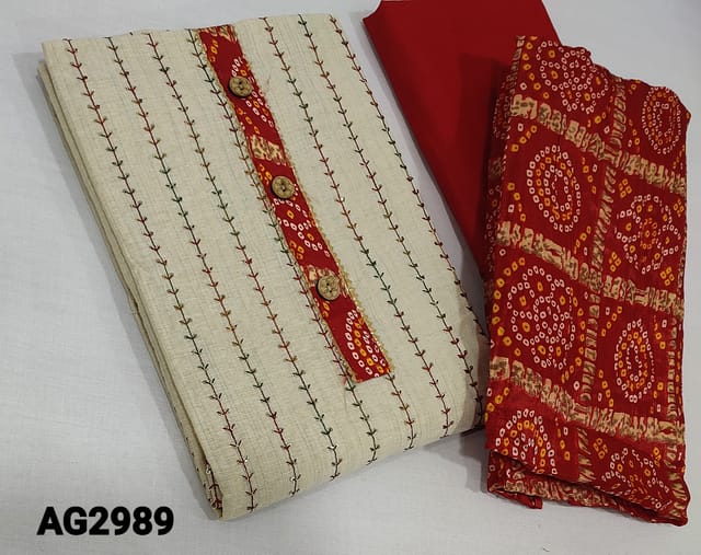 CODE AG2989 : Beige Silk Cotton Unstitched salwar material (requires lining) with fancy buttons and embroidery on yoke, embroidery and sequence work on frontside, red cotton bottom, bhandani printed crinkled silk cotton dupatta with tapings.