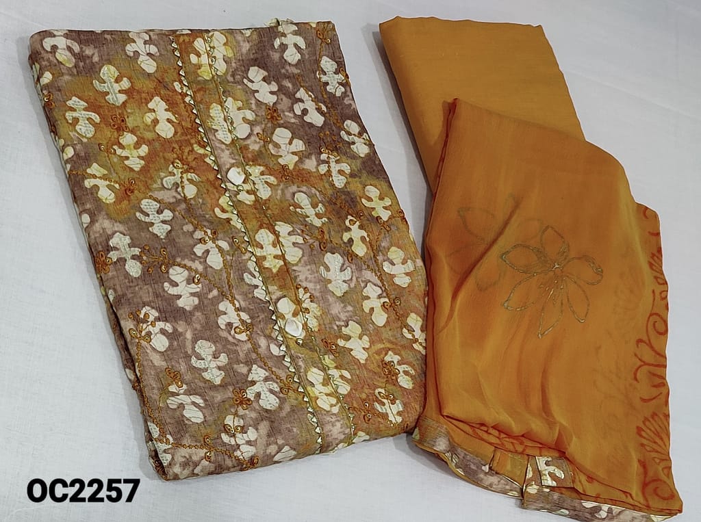 CODE OC2257: Printed Yellow Modal Fabric Unstitched salwar material(lining optional) with fancy buttons on yoke, embroidery and sequence work on frontside, yellow cotton bottom, printed chiffon dupatta with tapings.