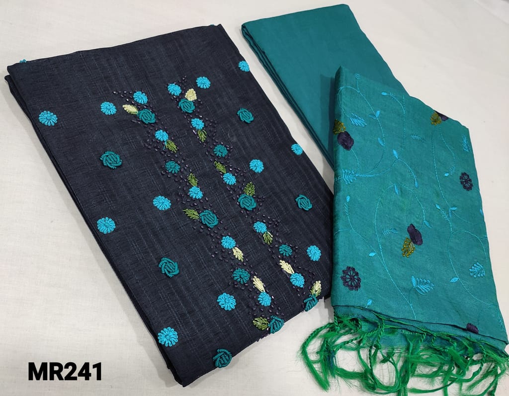 CODE MR241 : Designer navy Blue fancy Jakard Silk Cotton Unstitched Salwar material(slightly course fabric, requires lining) with bullion rose embroidery and cut bead work on yoke, light blue silk cotton bottom,  embroider work on fancy silk cotton dupatta with tassels