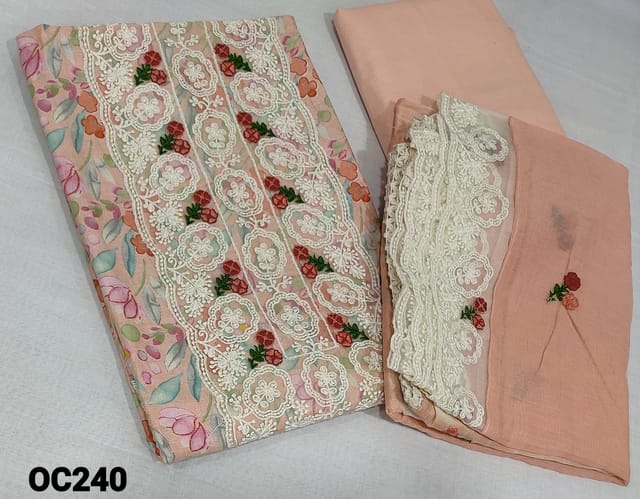 CODE OC240: Designer Floral Printed Pastel Peach Satin Cotton unstitched Salwar material(lining optional) with lace and embroidery work on yoke, Organza patch work on daman, matching cotton bottom, embroidery work on silk cotton dupatta with lace tapings