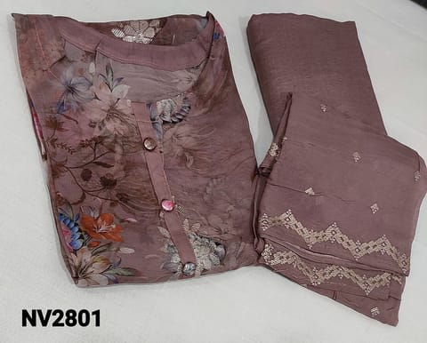 CODE NV2801 : Designer Digital Floral printed Mauve Shade pure Organza semi stitched Salwar material(requires lining) thread and sequence work on frontside25, 3/4 sleeves, matching santoon bottom, Digital printed, thread and sequence work on organza dupatta. (can fit up to XL size)