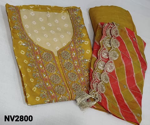 CODE NV2800: Designer Bandhani Printed Fenugreek Yellow pure Dola Silk Unstitched Salwar material(requires lining) with real mirror, sequence and zari embroidery work on yoke, Lehriya printed shorth width organza dupatta with thread and sequence work on cut work edges.