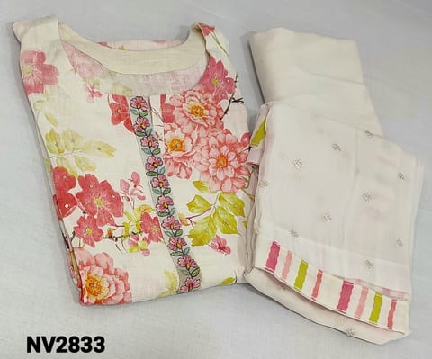 CODE NV2833:  Designer Digital Floral Printed pale pink pure linen Cotton semi-stitched Salwar material(requires lining) with embroidery work on yoke, sequence work on front side, matching cotton lining provided, NO BOTTOM, thread and sequence work on pure chiffon dupatta with tapings.