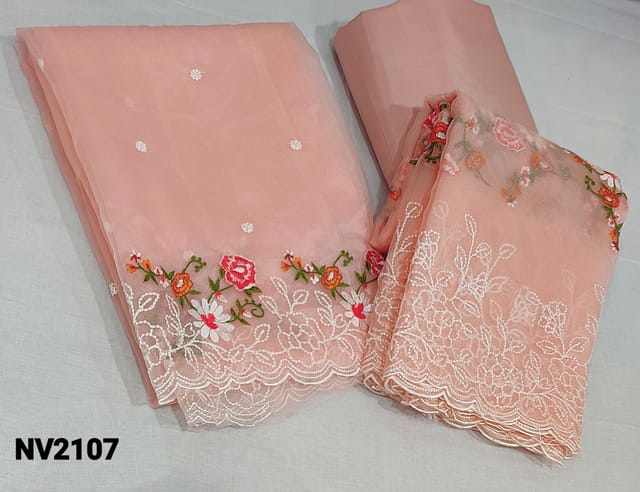 CODE NV2107 : Premium Peachish Pink Fancy Organza unstitched Salwar material(lining included) with small embroidery work on frontside, heavy embroidery work on daman, matching silky bottom and lining included, Colrful embroidery work on organza dupatta with cut work edges.