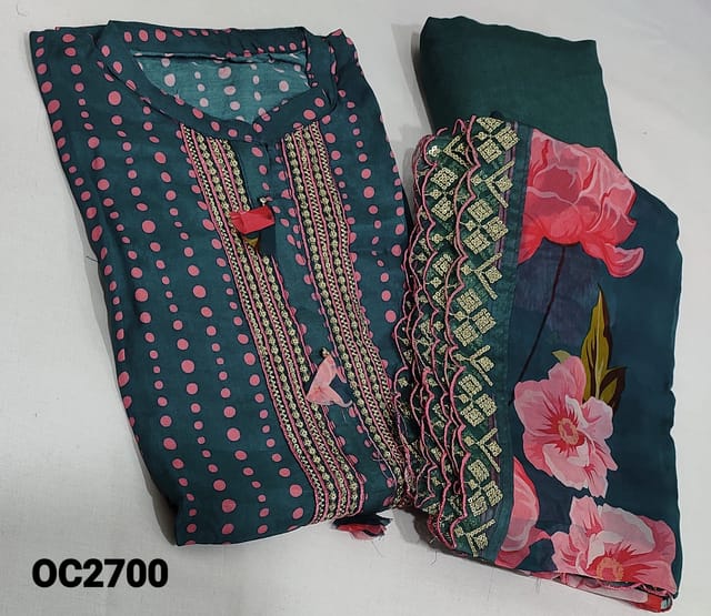 CODE OC2700: Designer Printed Teal Green pure Masleen Silk semi stitched Salwar material(requires lining) with mandarin collar, thread and sequence work on yoke, 3/4 sleeves,  matching Santoon bottom, Digital Floral Printed Organza dupatta with thread and sequence borders and cut work edges. ( can fit up to XL size)