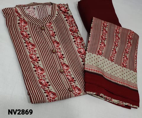 CODE NV2869 : Designer Floral printed pure Dola Silk semi stitched Salwar material(requires lining) with fancy buttons on yoke, mandarin collar, 3/4 sleeves, matching santoon bottom, Digital floral printed dola silk dupatta. (can fit up to XL size)
