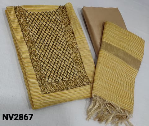 CODE NV2867 : Premium Yellow fancy Tissue Silk Cotton Unstitched Salwar material(requires lining) with cut bead, and sugar bead work on yoke, beige silk cotton bottom, benarasi weaving tissue silk cotton dupatta with tassels