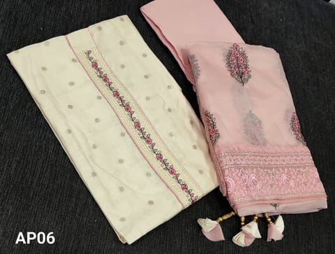 CODE AP06 : Designer Ivory Premium Silk Cotton Unstitched Salwar material(requires lining) with colurful embroidery work on yoke, zari woven buttas allover, pastel pink santoon bottom, rich Embroidery work on organza dupatta with borders and tassels