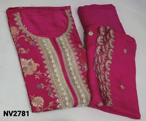 CODE NV2781: Designer Bright Pink pure Dola Silk semi-stitched Salwar material(requires lining) with benarasi weaving and colorful thread work on frontside, round neck, matching santoon bottom, thread and sequence work on organza dupatta with thread and sequence work on cut work edges.