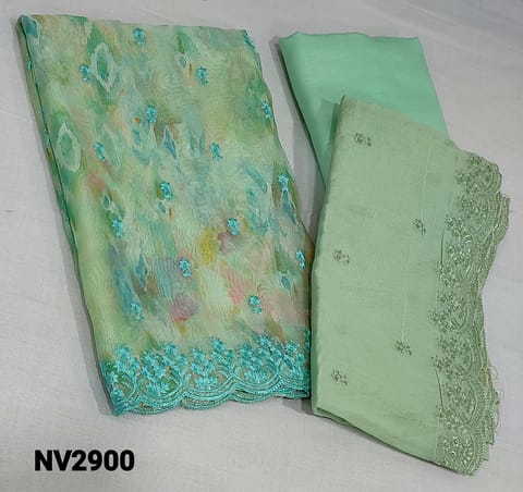 CODE NV2900: Premium Digital Abstract printed pastel Green fancy Organza Unstitched salwar material (thin fabric, lining included ) with embroidery work on frontside, matching silky bottom, embroidery work on silk cotton dupatta with cutwork edges.