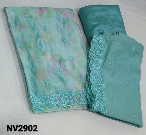 CODE NV2902: Premium Digital Abstract printed pastel Blue fancy Organza Unstitched salwar material (thin fabric, lining included ) with embroidery work on frontside, matching silky bottom, embroidery work on silk cotton dupatta with cutwork edges.
