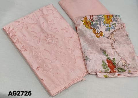 CODE AG2726 : Designer Pastel Pink Fancy Soft Silk Cotton Unstitched salwar material (requires lining) with heavy cut work and applique work on frontside, matching santoon bottom, Digital printed Soft masleen silk dupatta with embroidery and cut work edges.