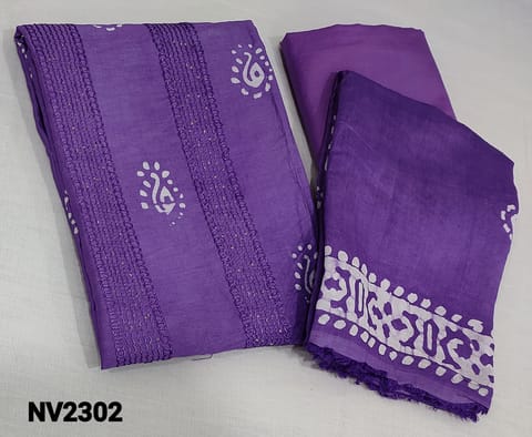 CODE NV2302: Batik dyed Dark Violet soft Silk Cotton unstitched Salwar materials(requires lining) with thread and sequence work on yoke, matching silky bottom, batik dyed soft silk cotton dupatta (requires taping)