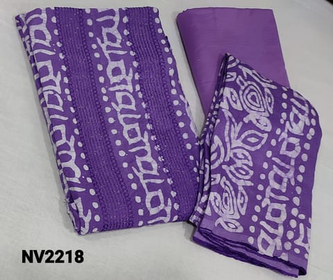 CODE NV2218: Batik Dyed Violet Soft silk Cotton unstitched Salwar materials(lining required) with thread and sequence work on frontside, matching violet silky bottom, Batik dyed soft silk cotton dupatta(requires taping)